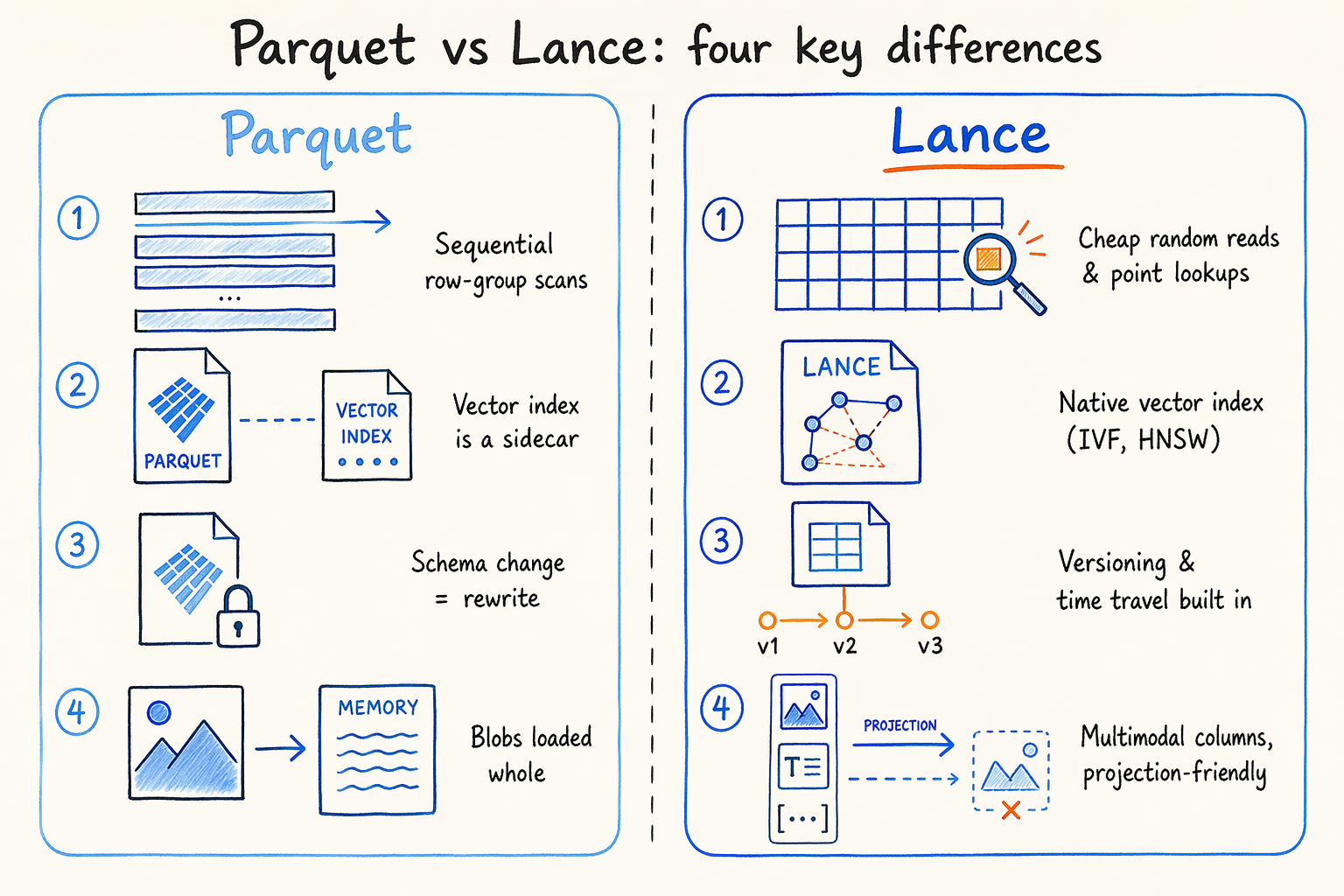 Lance vs Parquet: format comparison across random reads, vector indexes, versioning, and multimodal fields