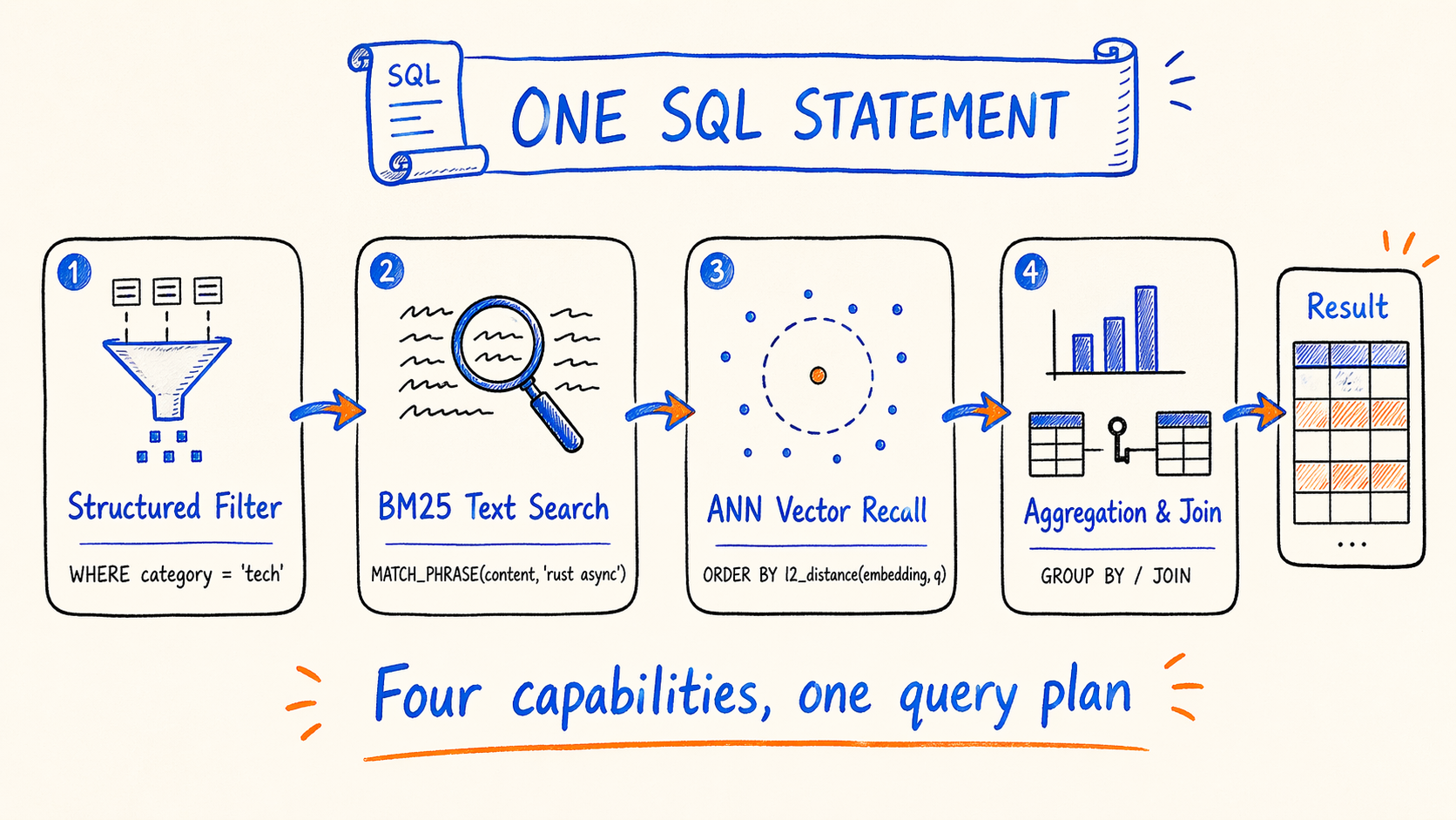 Hybrid search in a single Doris SQL statement: structured filter + BM25 + ANN + aggregation